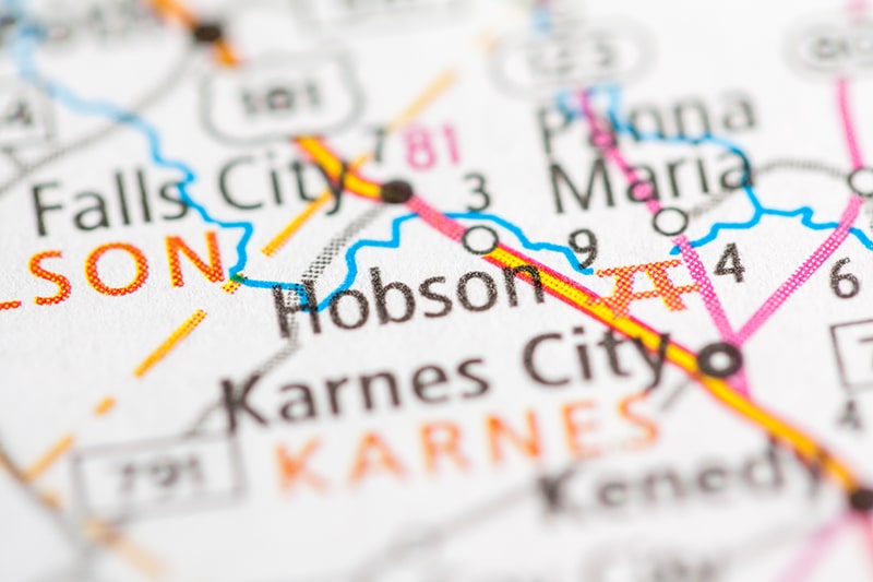 Close-up of a map showing Hobson, Karnes City, and surrounding areas