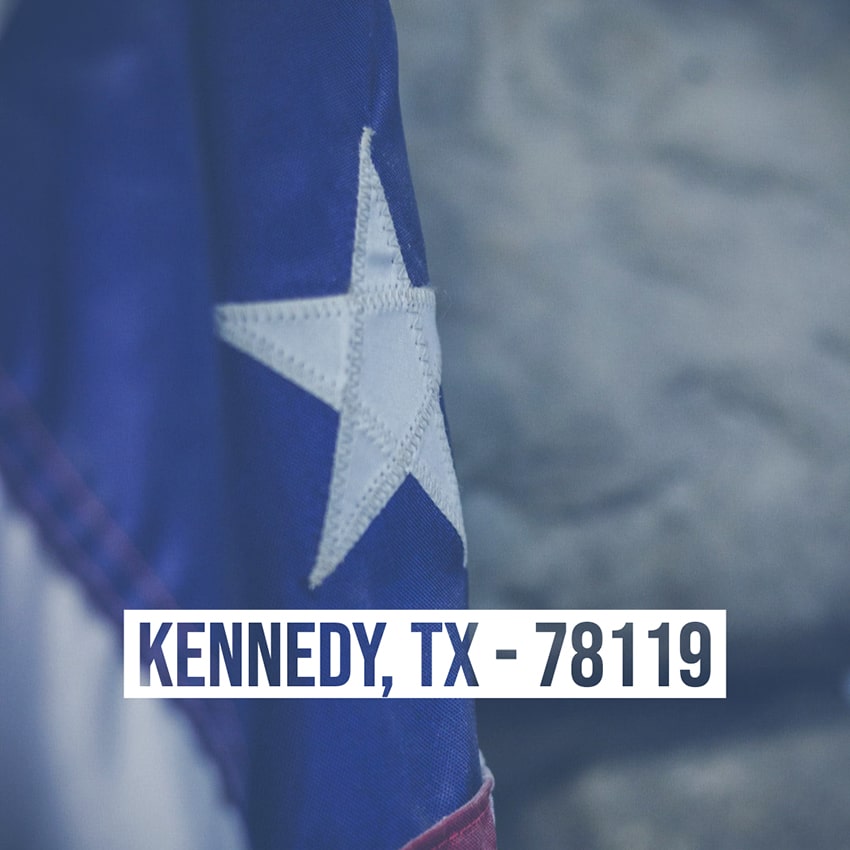 Texas flag with location text: KENNEDY, TX - 78119