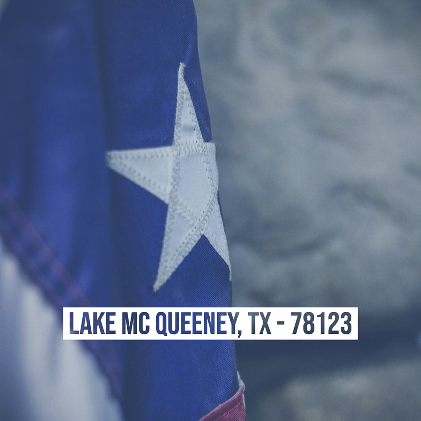 Texas flag with location text: Lake McQueeney, TX - 78123 on it
