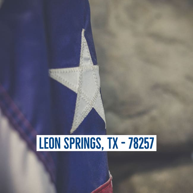 Texas flag with location text: LEON SPRINGS, TX - 78257
