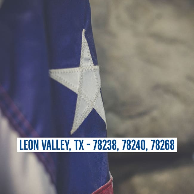 Texas flag with location text: LEON VALLEY, TX - 78238, 78240, 78268