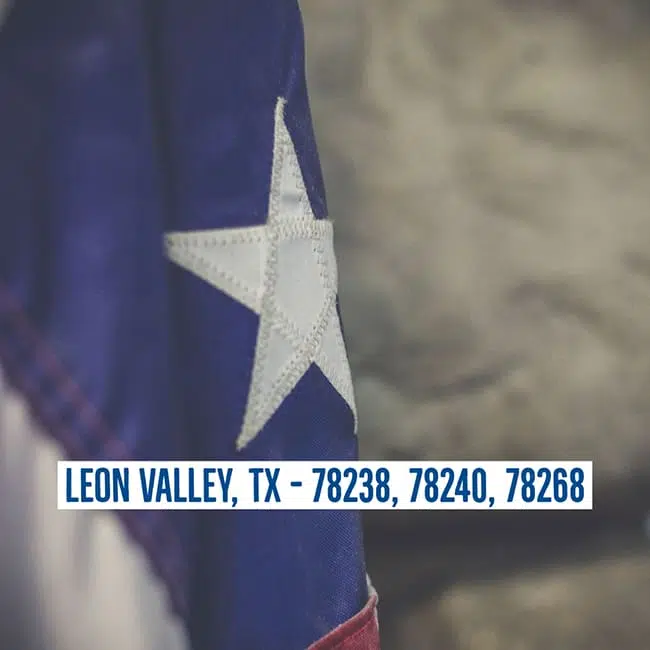 Texas flag with location text: LEON VALLEY, TX - 78238, 78240, 78268