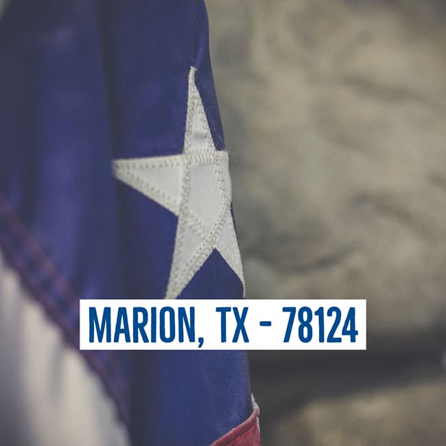 Texas flag with location text: Marion, TX - 78124