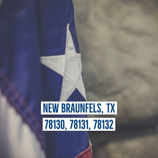 Texas flag with location text: NEW BRAUNFELS, TX 78130, 78131, 78132