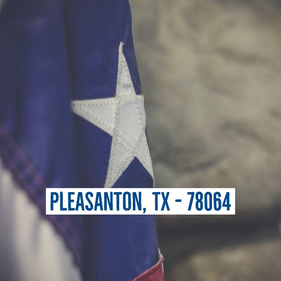 Texas state flag with location text: PLEASANTON, TX - 78064