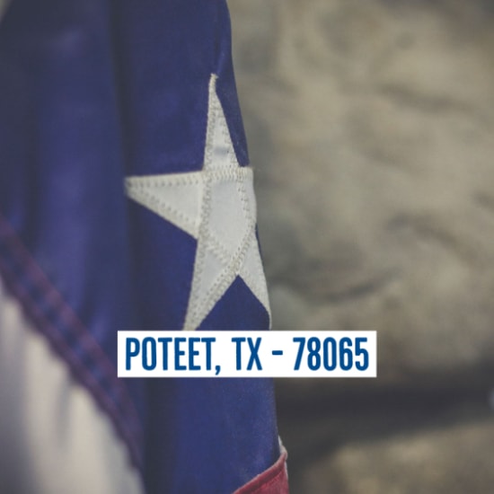 Texas state flag with location text: POTEET, TX - 78065
