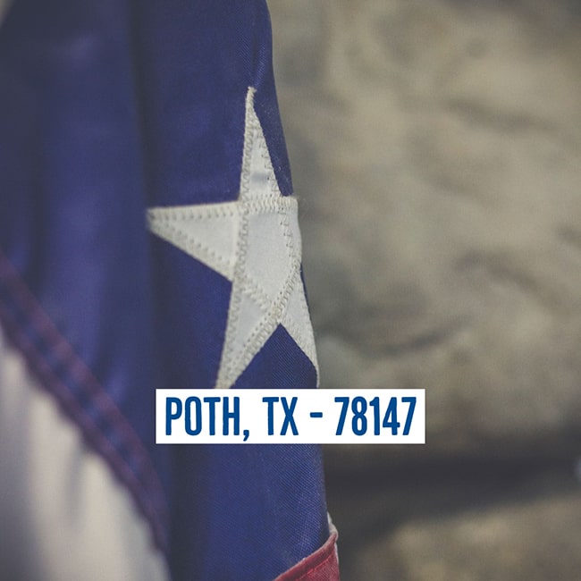 Texas flag with location text: POTH, TX - 78147