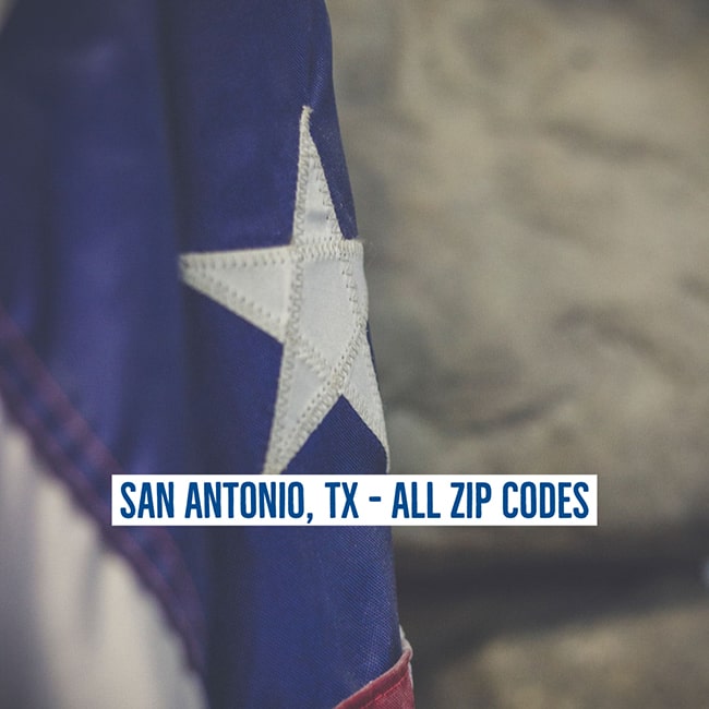Texas flag with text: San Antonio, TX - All ZIP Codes