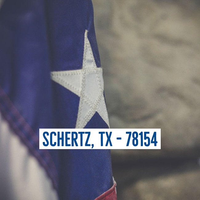 Texas state flag with location text: SCHERTZ, TX - 78154