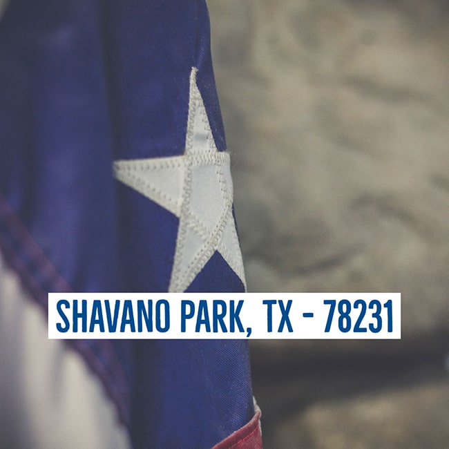 Texas flag with location text: Shavano Park, TX - 78231