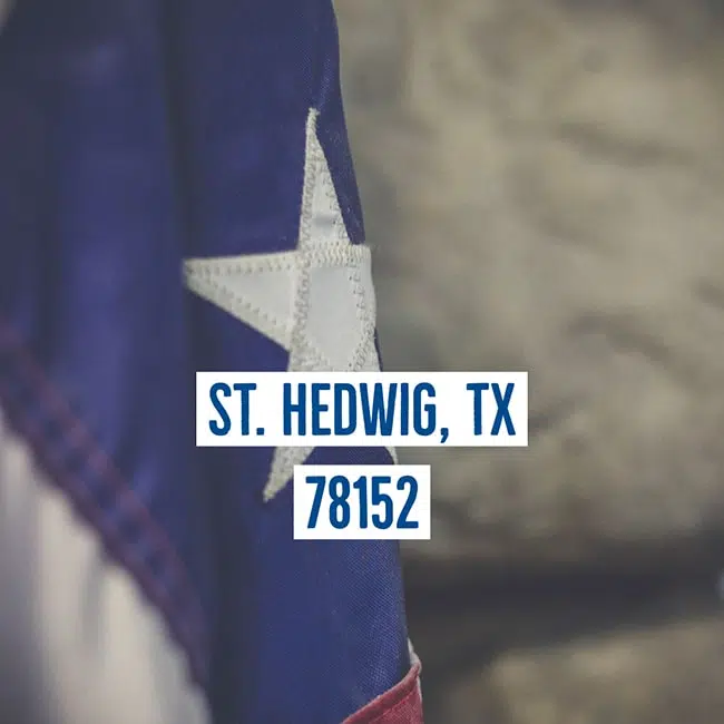 Texas flag with location text: St. Hedwig, TX 78152