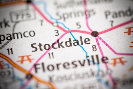 Close-up of a map showing Stockdale, TX