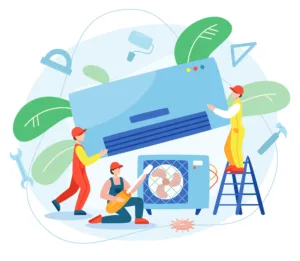Illustration of workers installing an air conditioner.