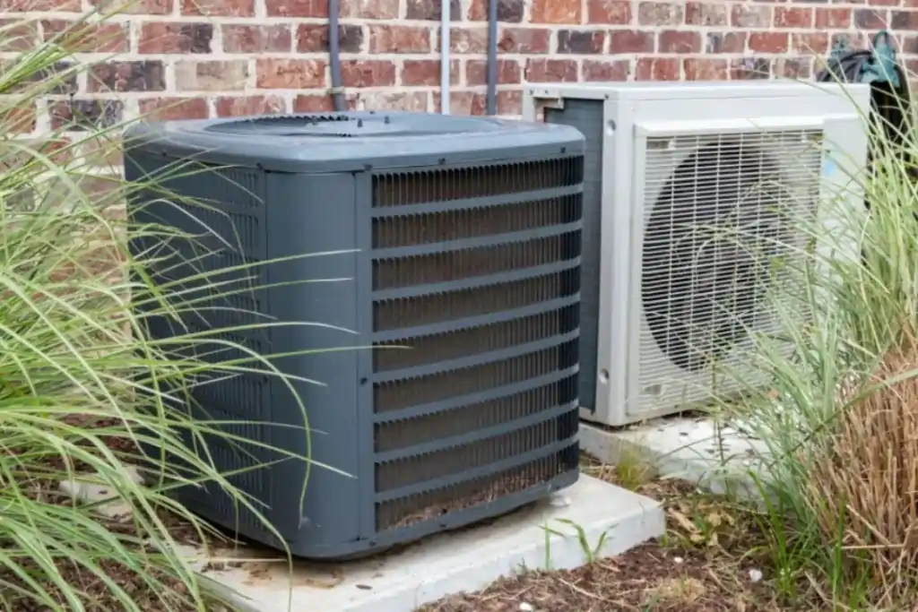 Air conditioning units beside a brick house.
