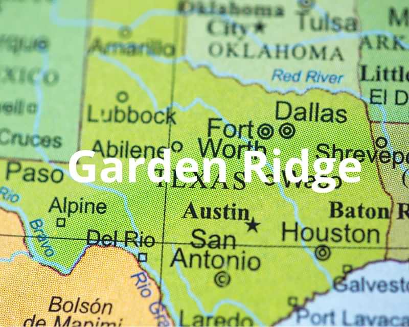 A map of Texas with a star at Garden Ridge