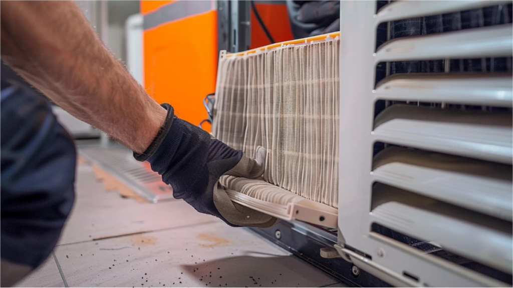 Technician removing a dirty air filter from an HVAC unit.