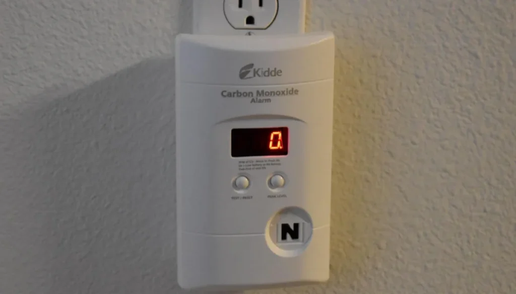 Carbon monoxide alarm plugged into a wall outlet.