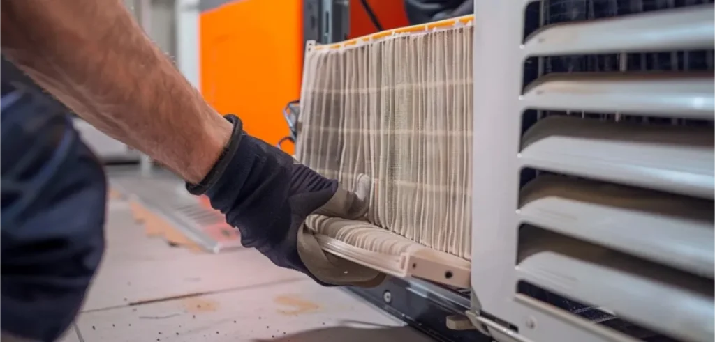 Technician removing a dirty air filter from an HVAC unit.