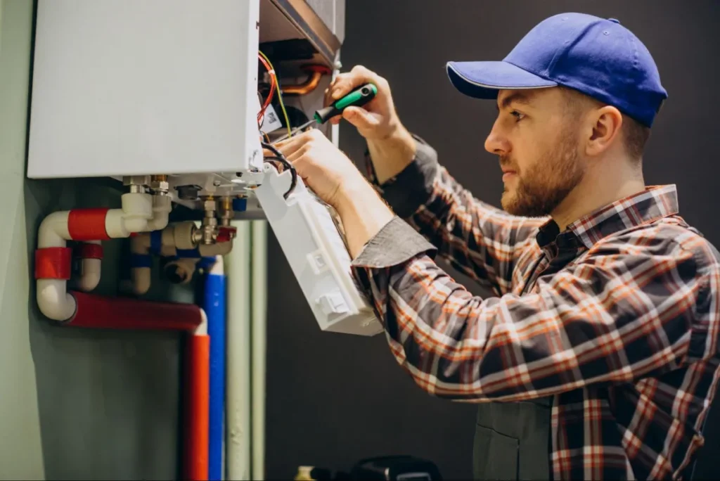 Technician repairing heating system