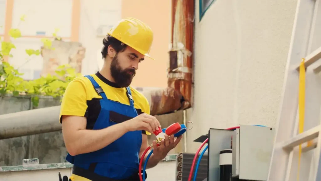 Skilled AC technician using pressure gauges diagnostic tools